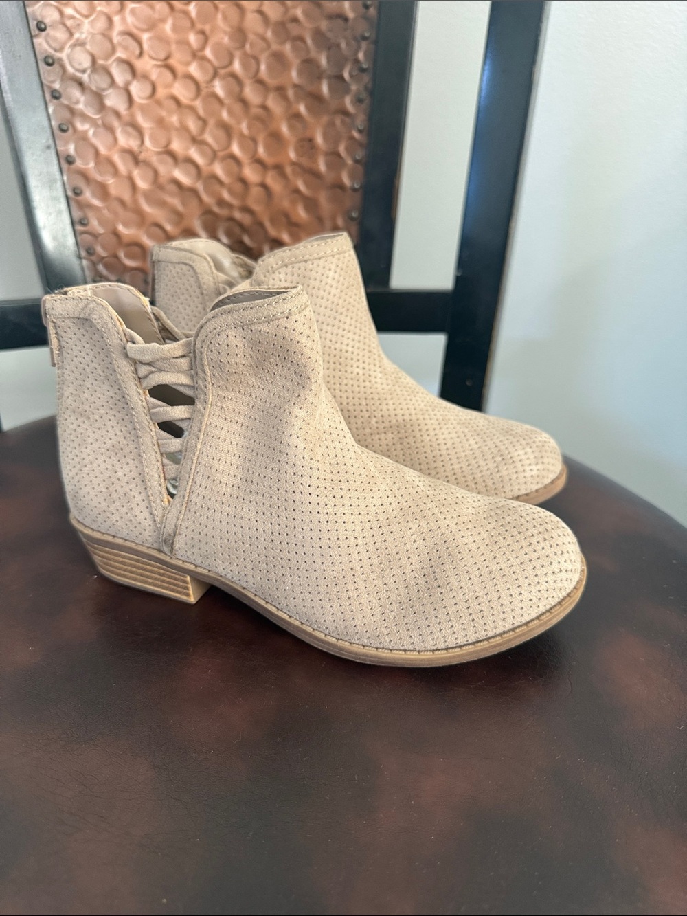 Kids Perforated Tan Ankle Boots with Side Lace-Up
